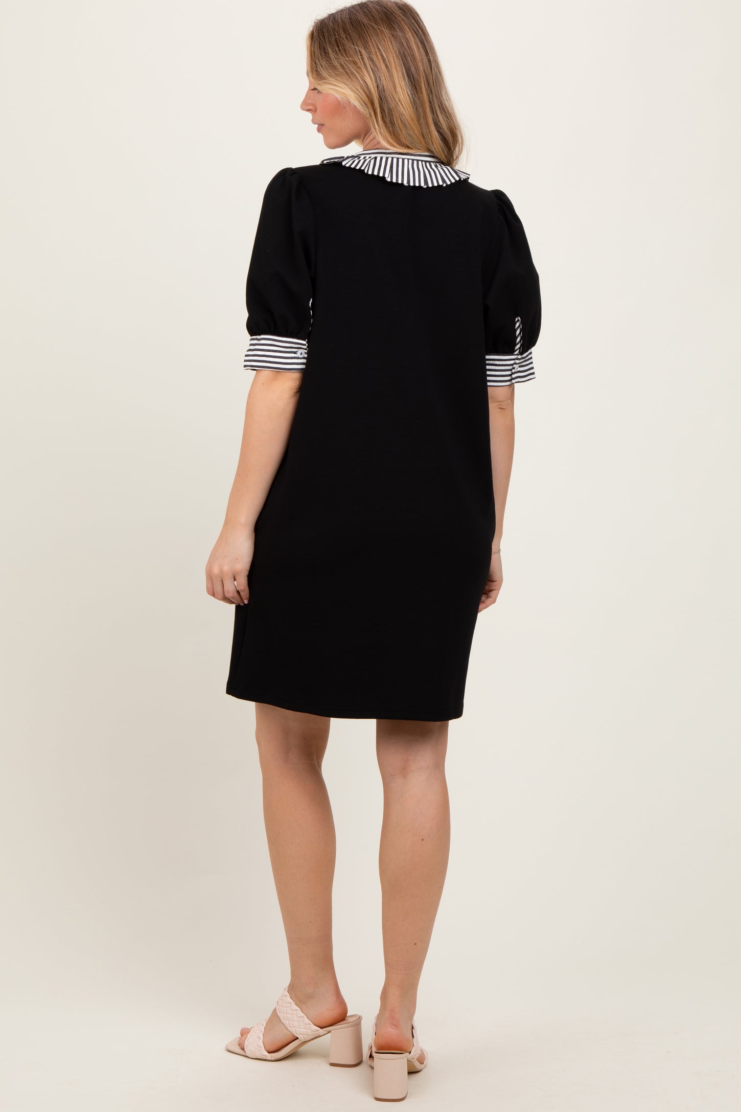 Black Mock Neck Contrast Striped Trim Mini Dress