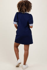 Navy Mock Neck Contrast Striped Trim Maternity Mini Dress