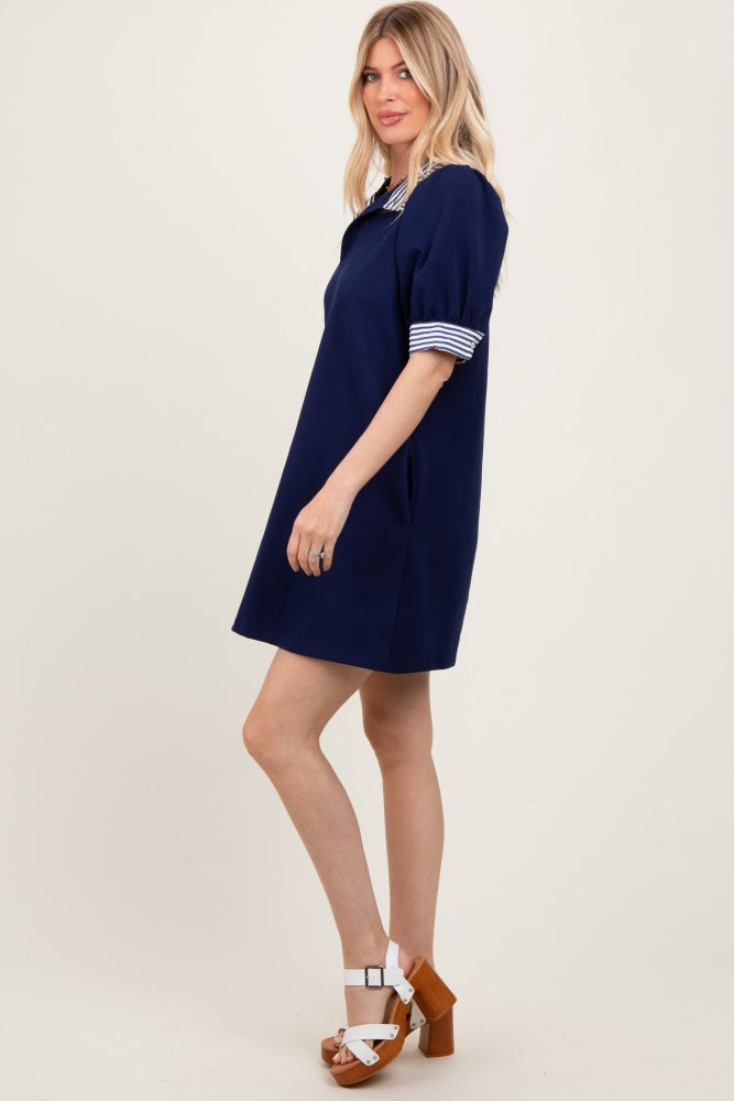 Navy Mock Neck Contrast Striped Trim Mini Dress