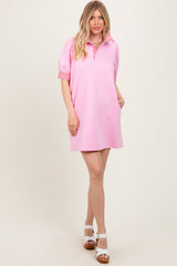 Light Pink Mock Neck Contrast Striped Trim Mini Dress