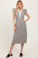Black Multi-Striped Button Up Ruffle Sleeve Midi Dress