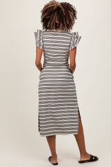 Black Multi-Striped Button Up Ruffle Sleeve Maternity Midi Dress