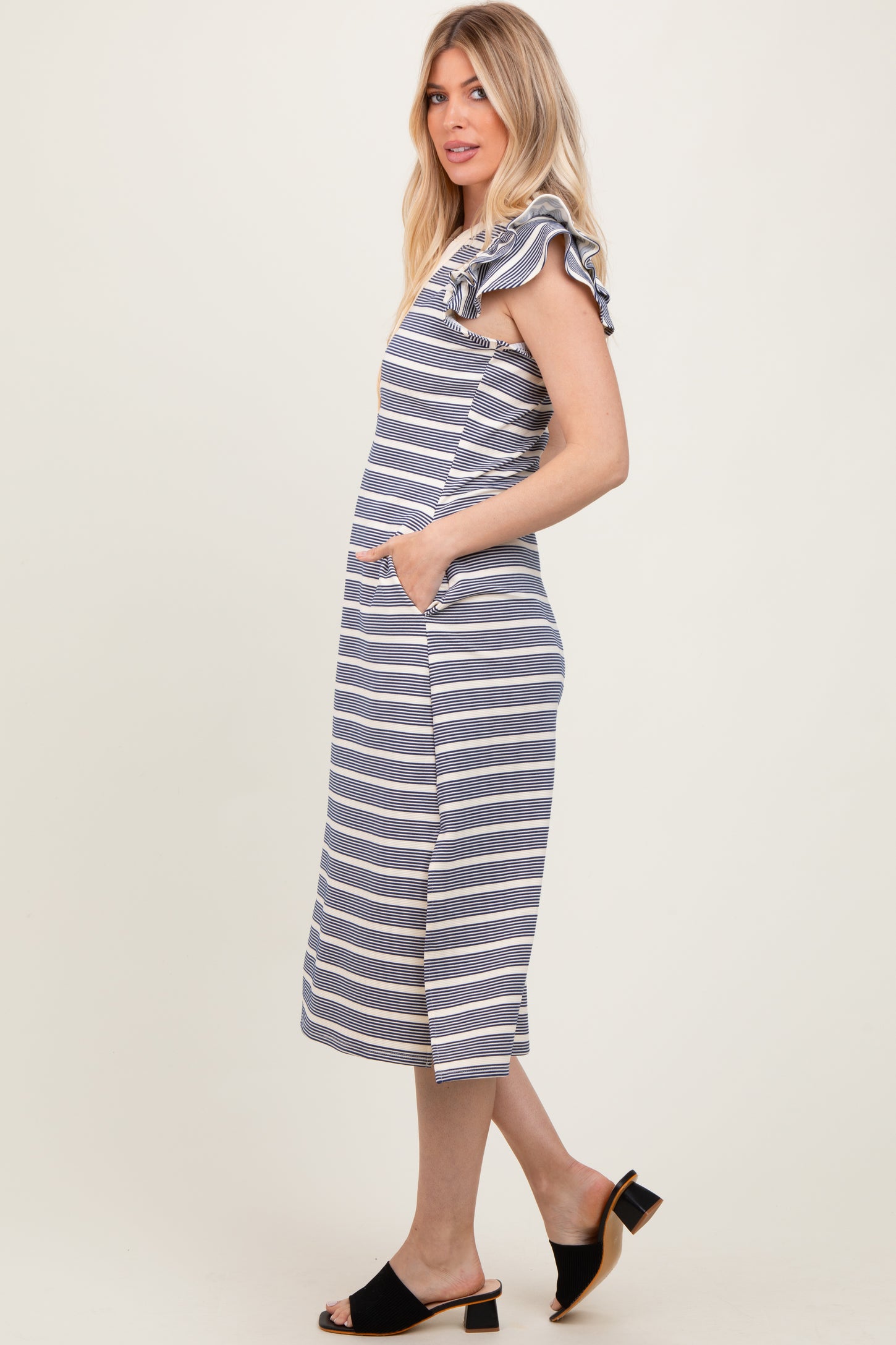 Navy Multi-Striped Button Up Ruffle Sleeve Midi Dress