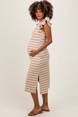 Camel Multi-Striped Button Up Ruffle Sleeve Maternity Midi Dress