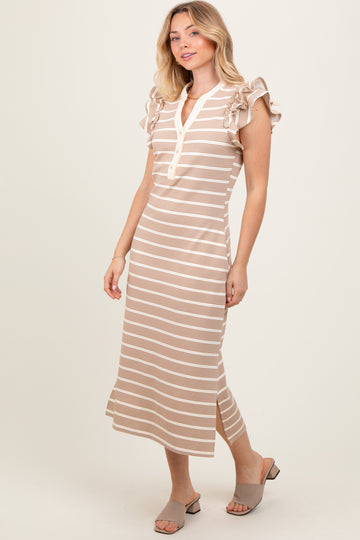 Camel Multi-Striped Button Up Ruffle Sleeve Midi Dress