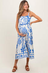 Royal Blue Floral Scallop Trim Maternity Midi Dress