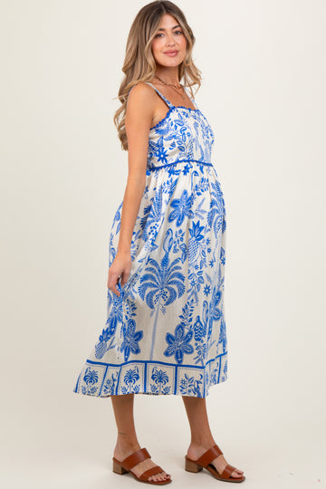 Royal Blue Floral Scallop Trim Maternity Midi Dress