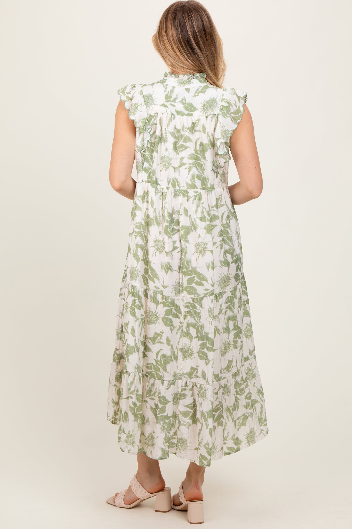 Light Olive Floral Scallop Hem Tiered Midi Dress