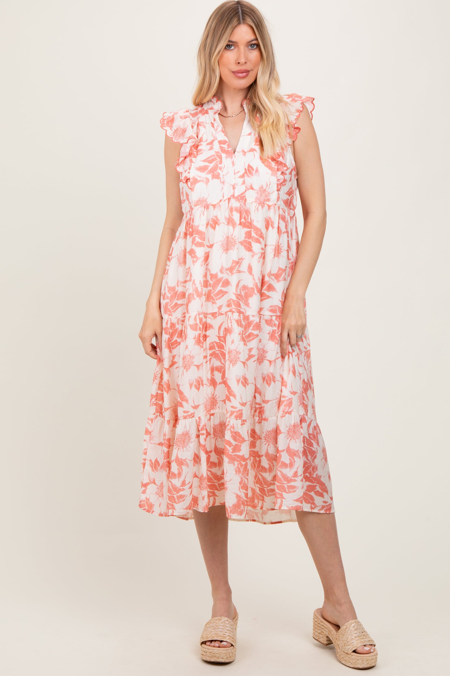 Rust Floral Scallop Hem Tiered Midi Dress