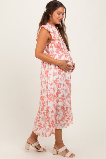 Rust Floral Scallop Hem Tiered Maternity Midi Dress