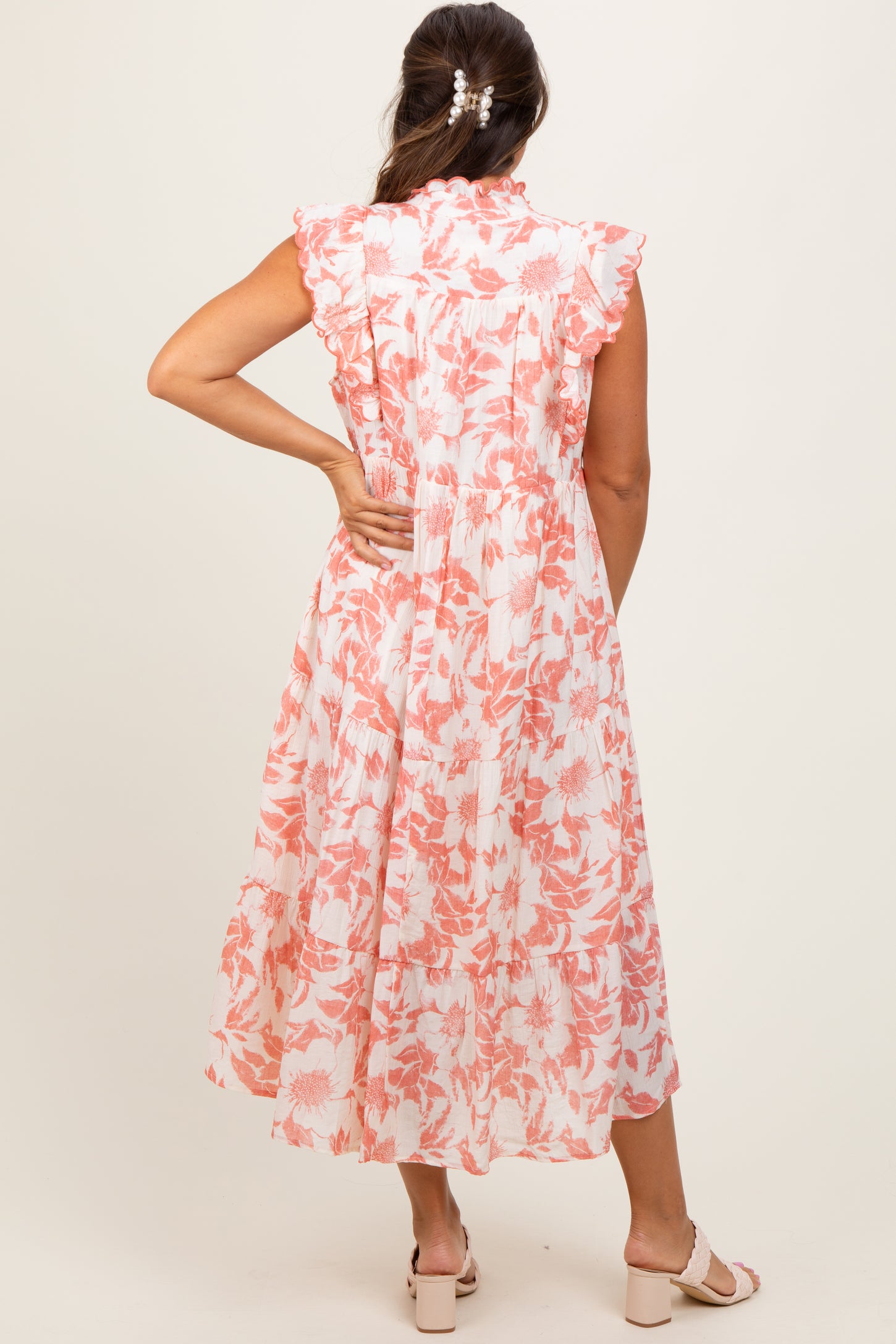 Rust Floral Scallop Hem Tiered Maternity Midi Dress