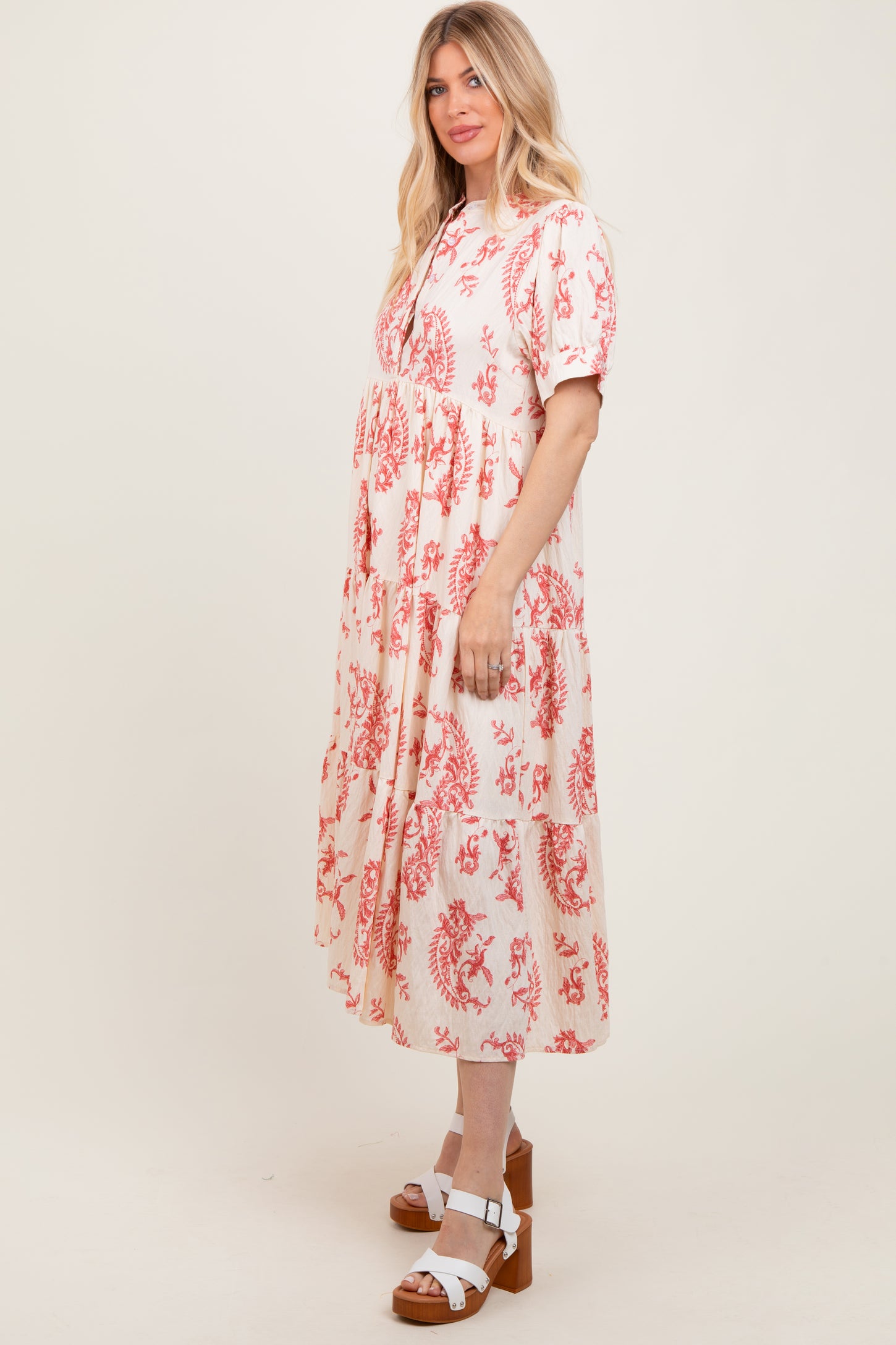 Red Paisley Button Up Tiered Maxi Dress