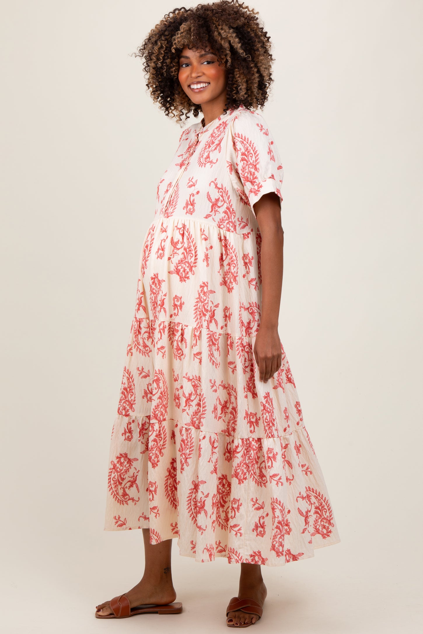 Red Paisley Button Up Tiered Maternity Maxi Dress