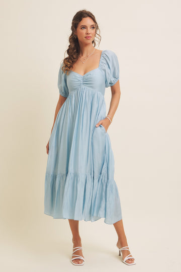 Light Blue Ruched Sweetheart Neck Tiered Midi Dress