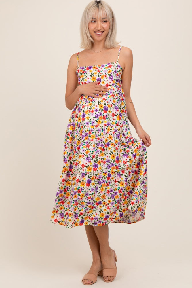 Ivory Floral Cami Strap Maternity Midi Dress