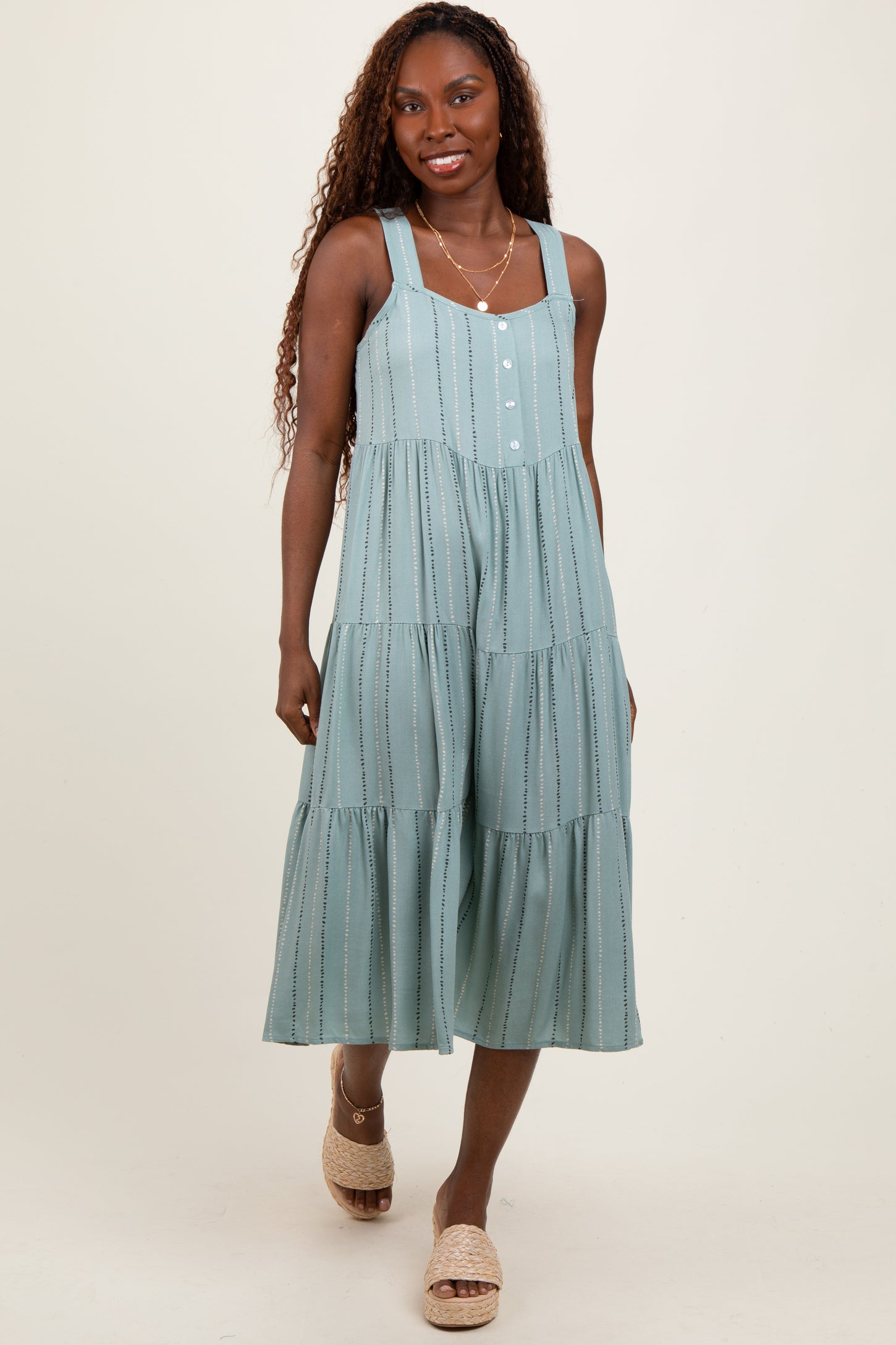 Light Olive Dot Stripe Tiered Midi Dress