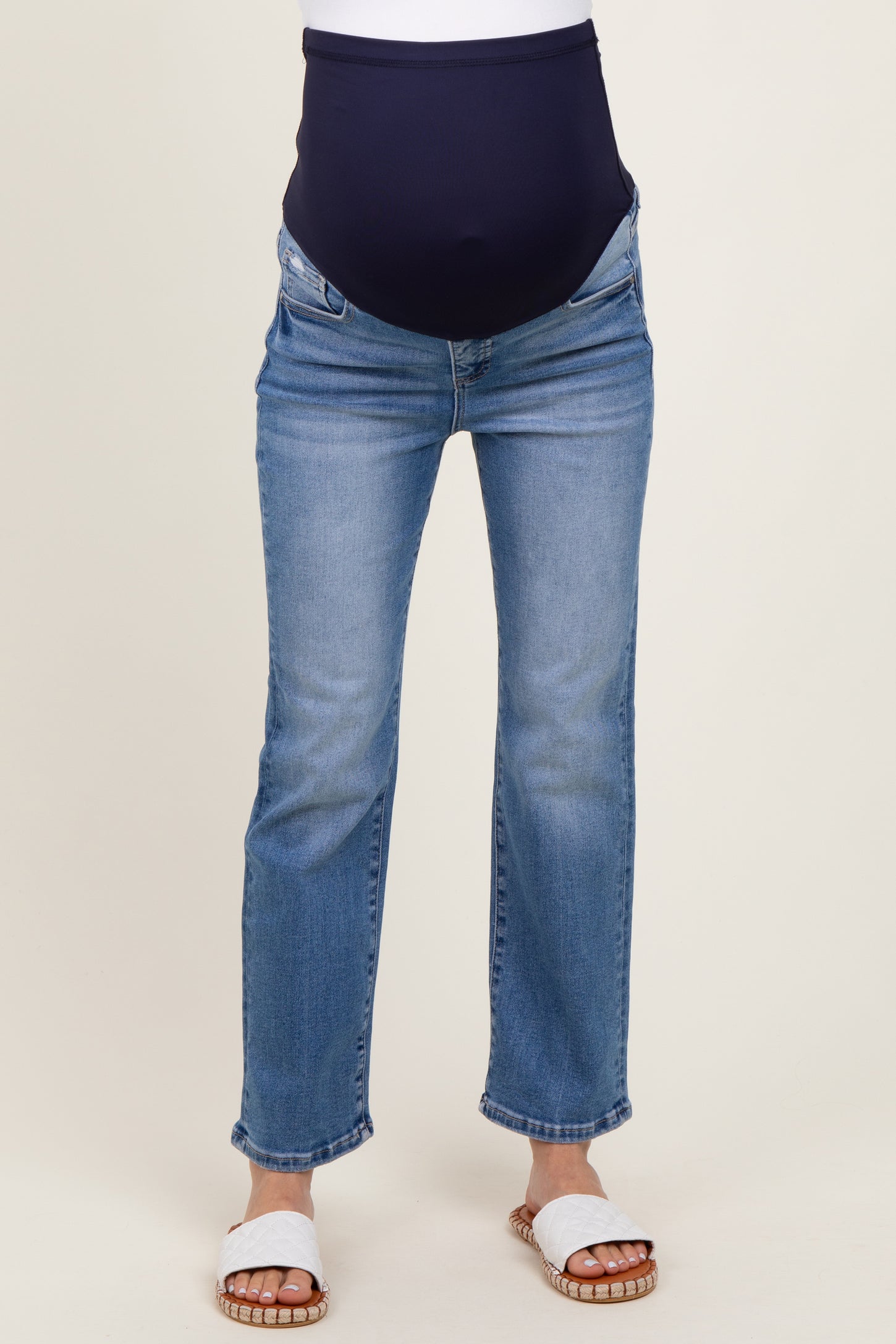 Blue Cropped Straight Leg Maternity Jeans