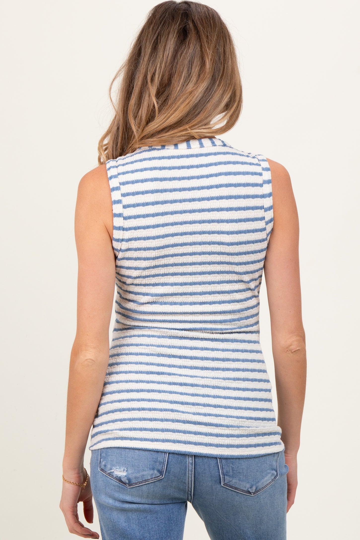 Light Blue Striped Knit Sleeveless V-Neck Maternity Tank Top
