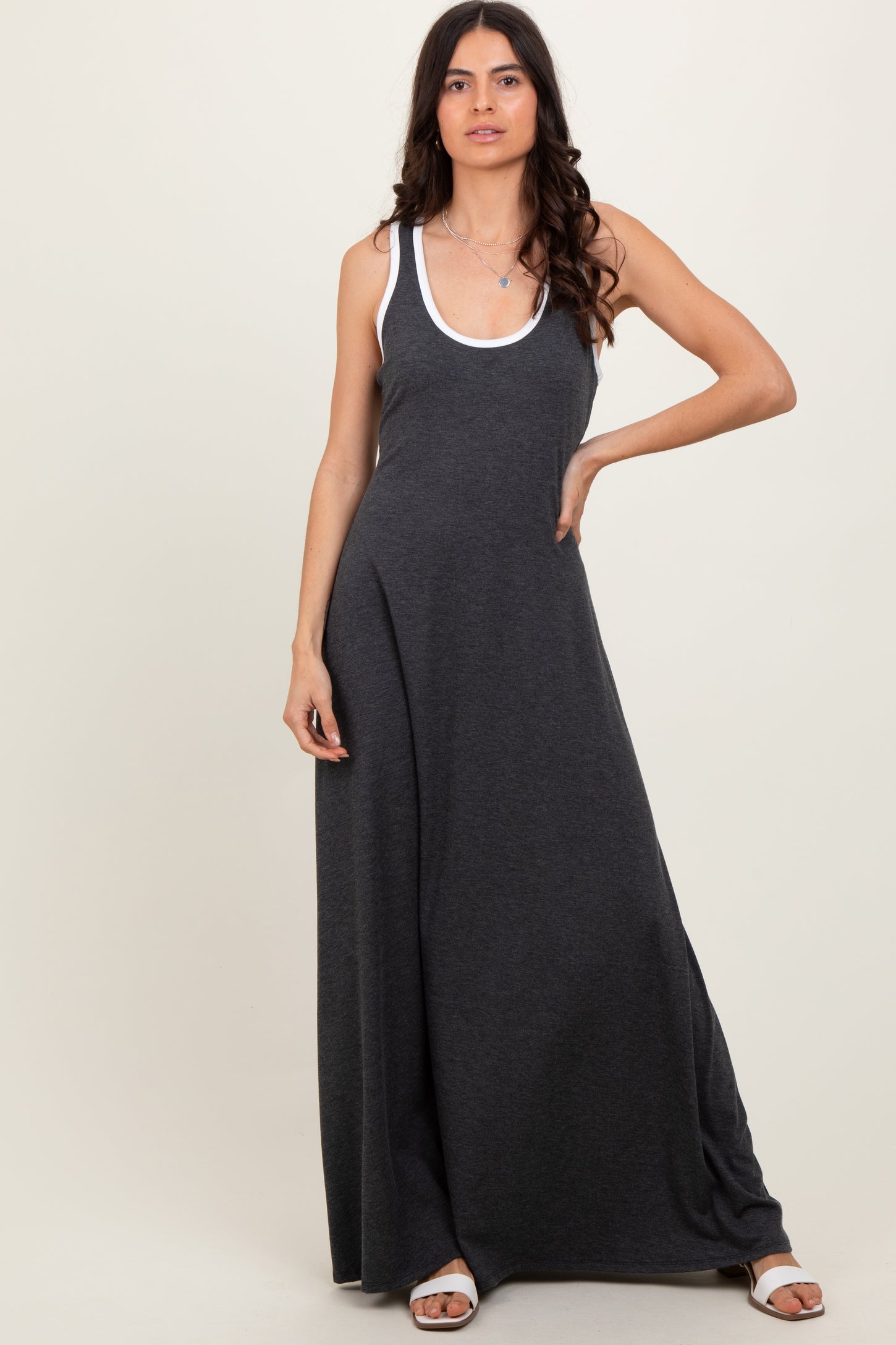 Charcoal Solid Open Back Sleeveless Maxi Dress