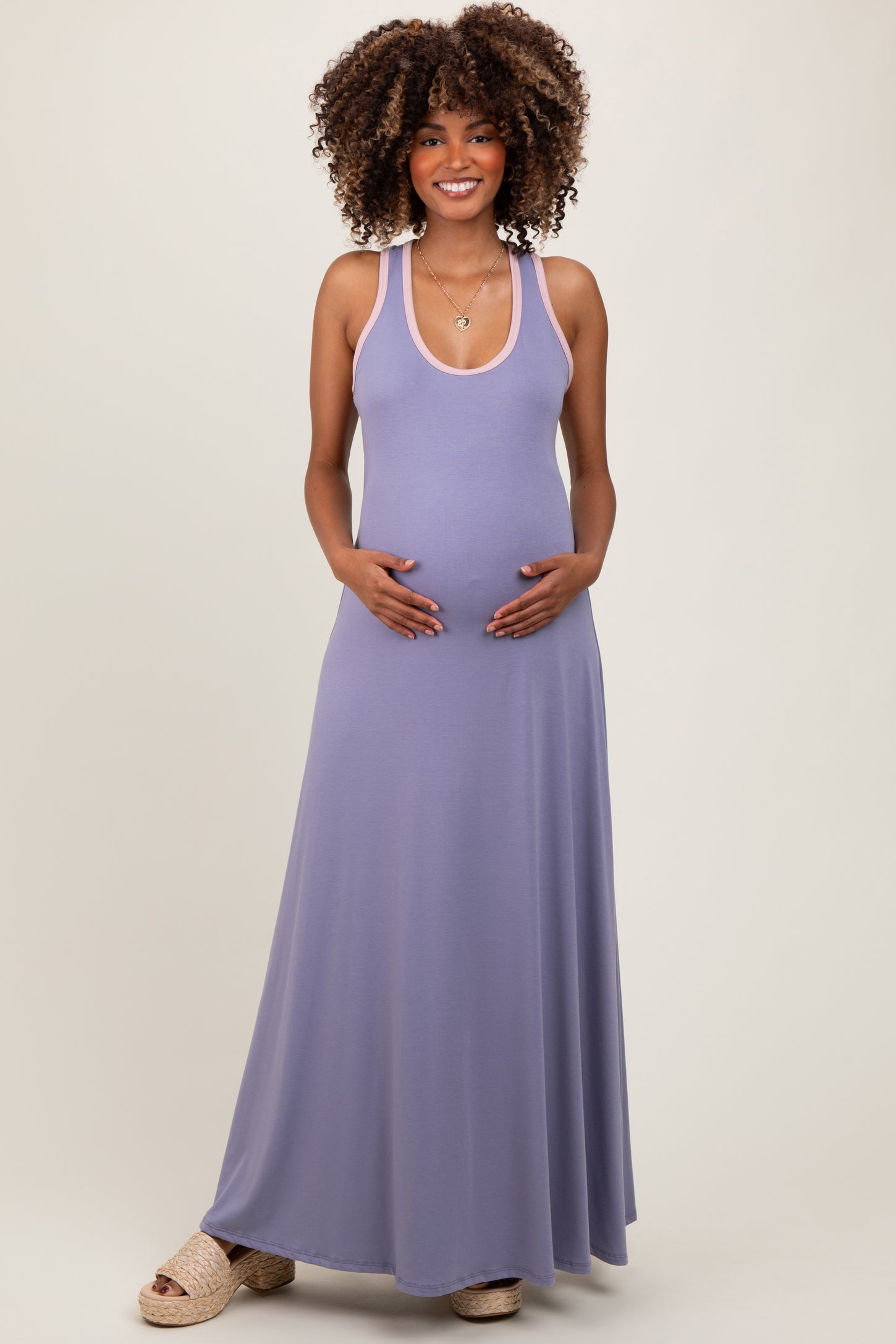 Lavender Solid Open Back Sleeveless Maternity Maxi Dress