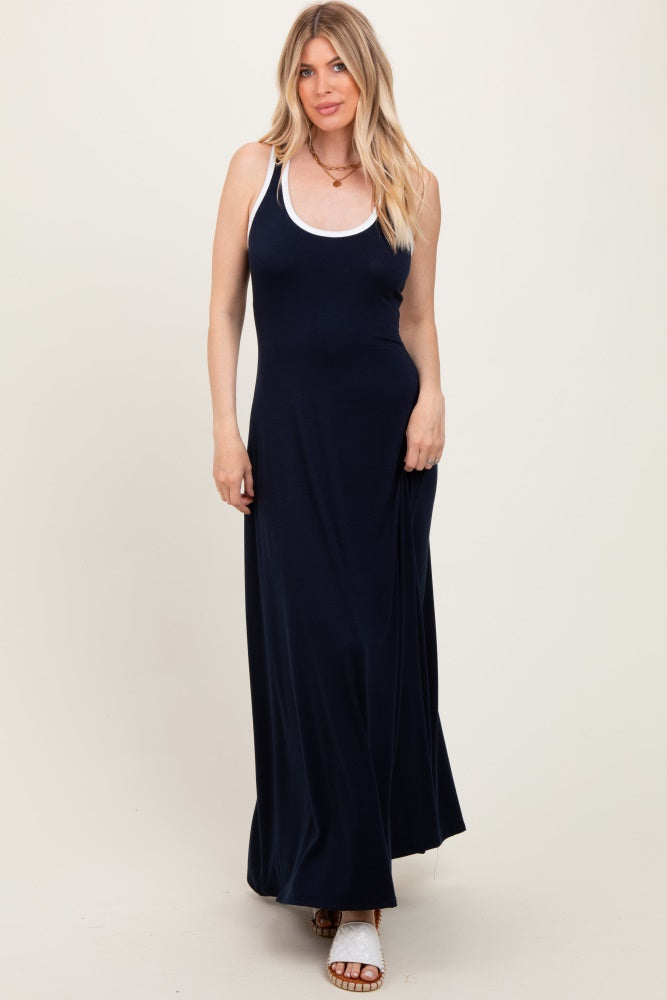 Navy Solid Open Back Sleeveless Maxi Dress