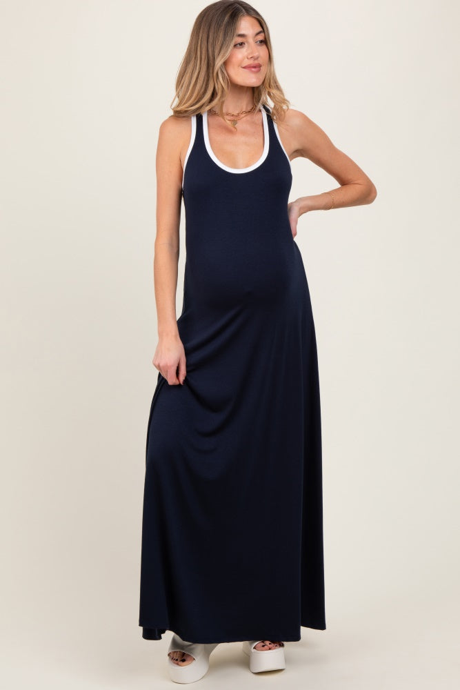 Navy Solid Open Back Sleeveless Maternity Maxi Dress