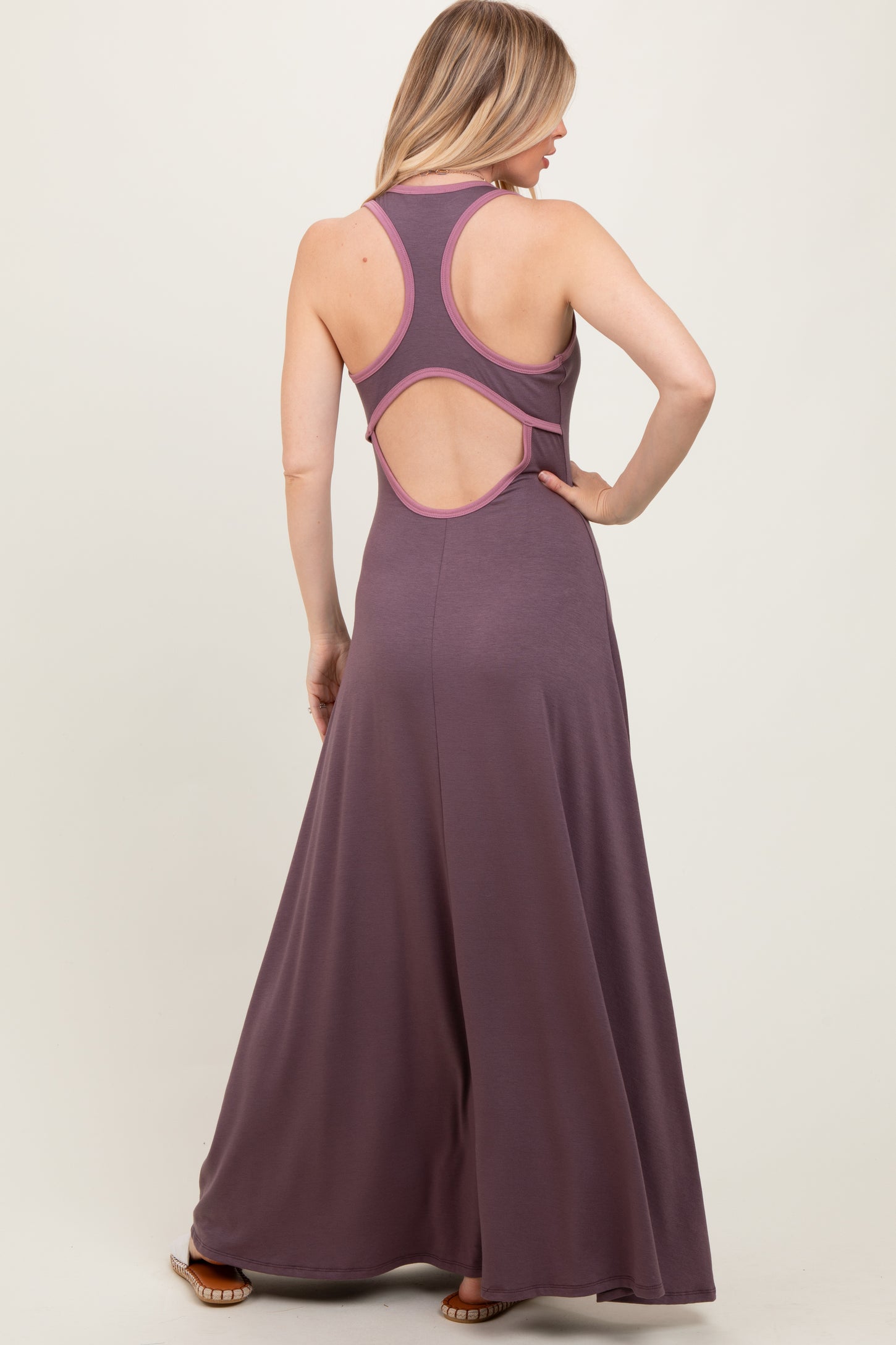 Purple Solid Open Back Sleeveless Maxi Dress