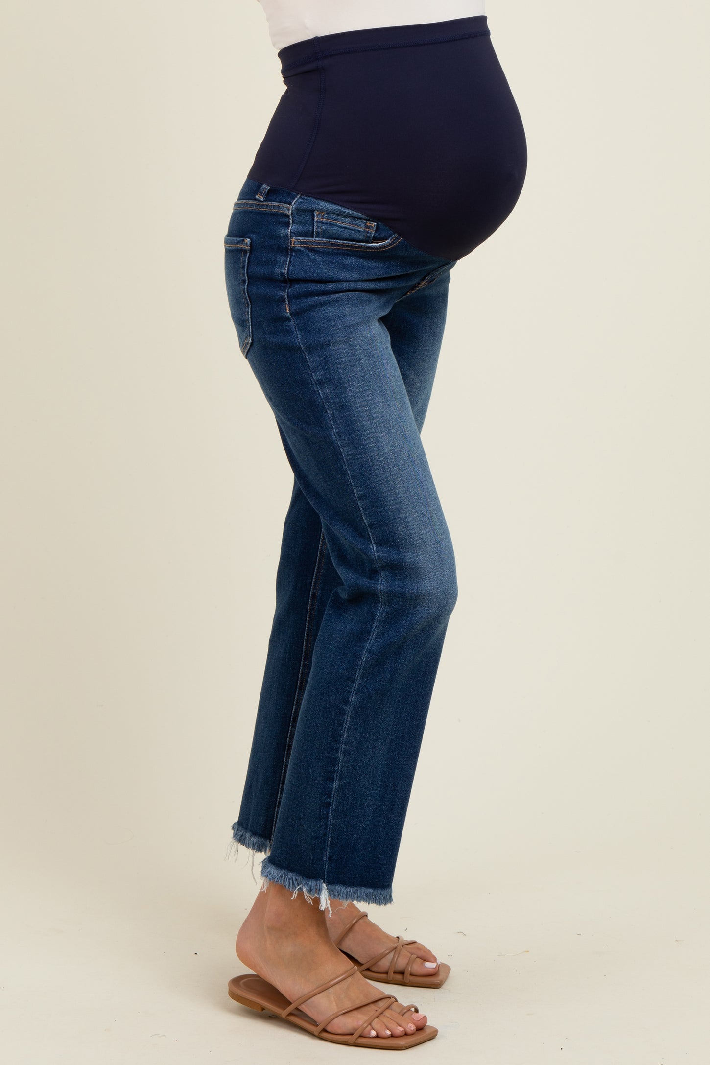 Navy Fringe Hem Cropped Straight Leg Maternity Jeans