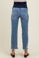 Light Blue Distressed Fringe Hem Cropped Straight Leg Maternity Jeans