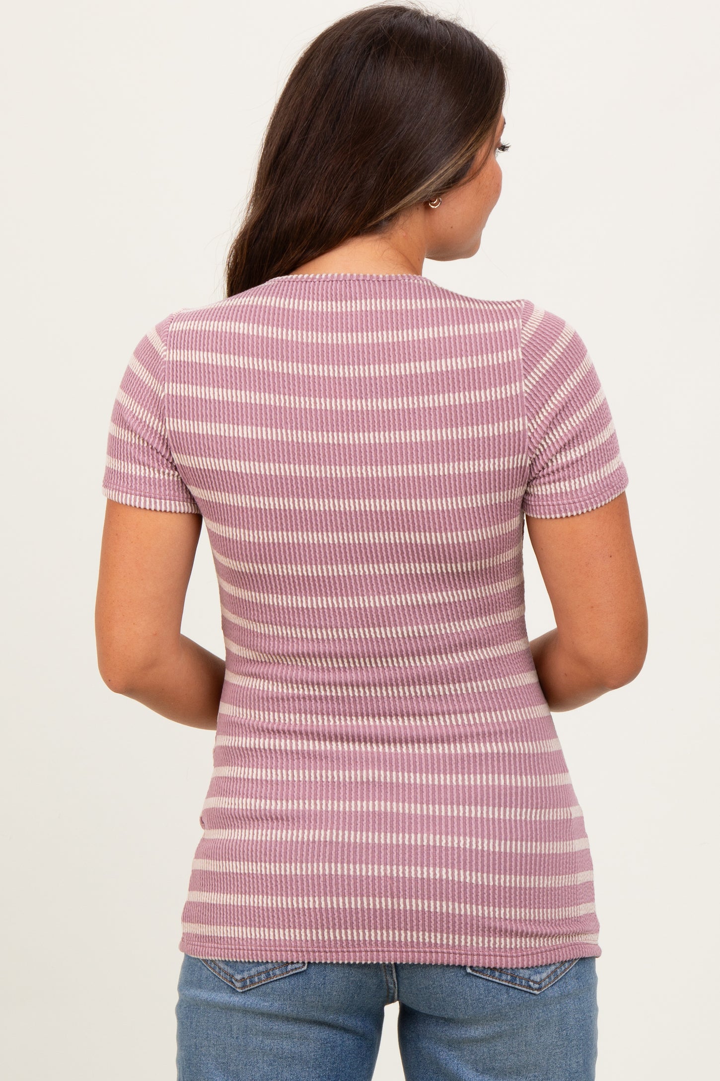 Lavender Cream Stripe Short Sleeve Round Neck Maternity Top