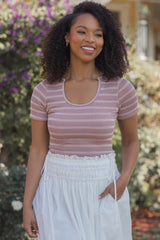 Lavender Cream Stripe Short Sleeve Round Neck Top