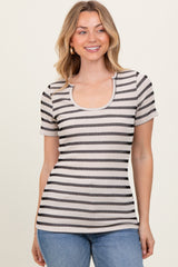 Beige Black Stripe Short Sleeve Round Neck Top