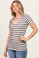 Beige Black Stripe Short Sleeve Round Neck Top