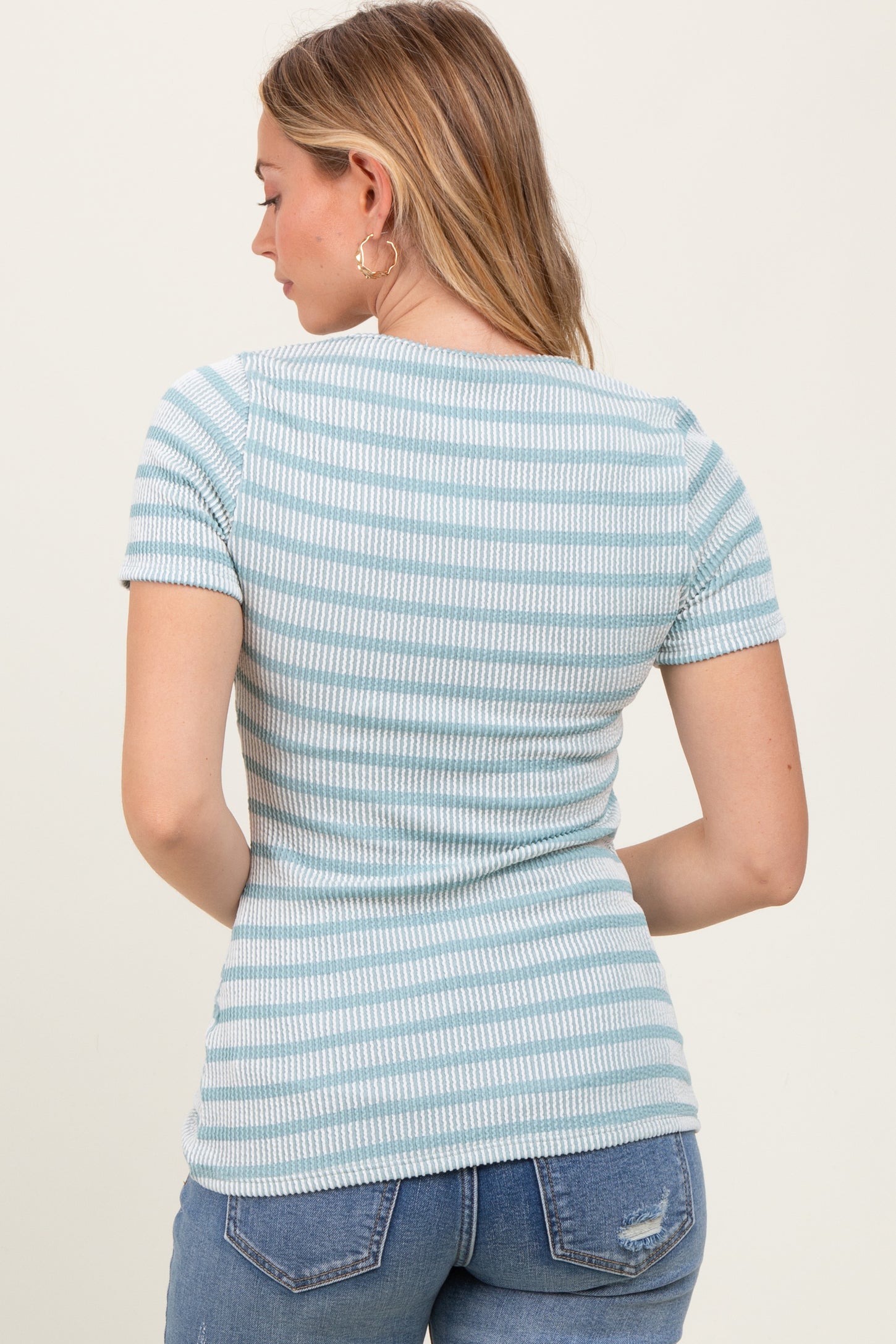 Light Blue Stripe Short Sleeve Round Neck Top