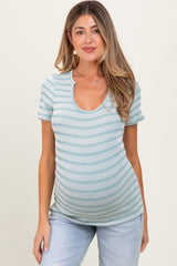 Light Blue Stripe Short Sleeve Round Neck Maternity Top