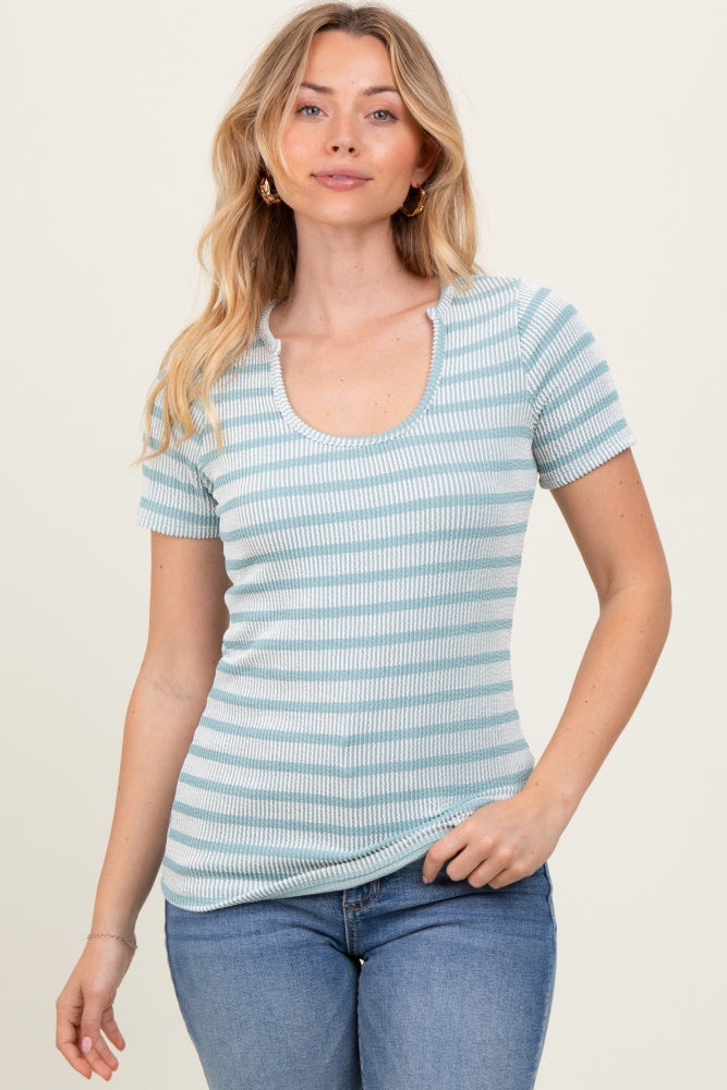 Light Blue Stripe Short Sleeve Round Neck Maternity Top