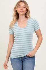 Light Blue Stripe Short Sleeve Round Neck Maternity Top