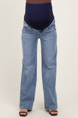 Blue Lightly Distressed Maternity Wide Leg Jeans