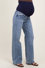 Blue Lightly Distressed Maternity Wide Leg Jeans