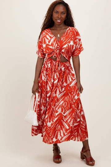 Red Brushstroke Print Cutout Midi Dress