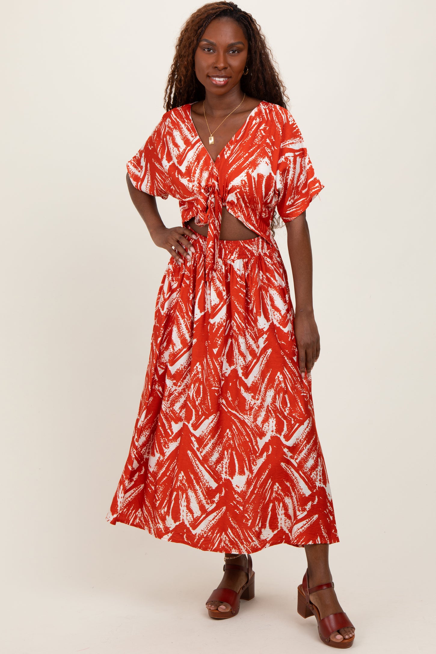 Red Brushstroke Print Cutout Midi Dress