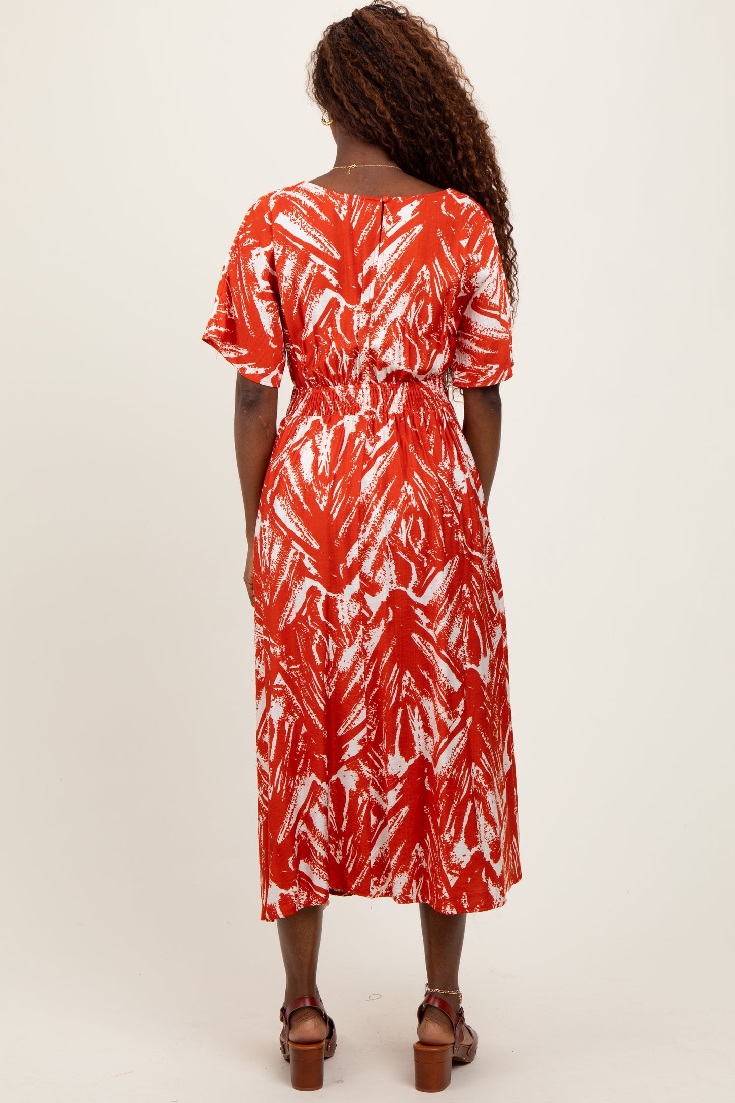 Red Brushstroke Print Cutout Midi Dress
