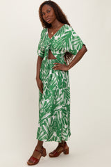 Green Brushstroke Print Cutout Midi Dress