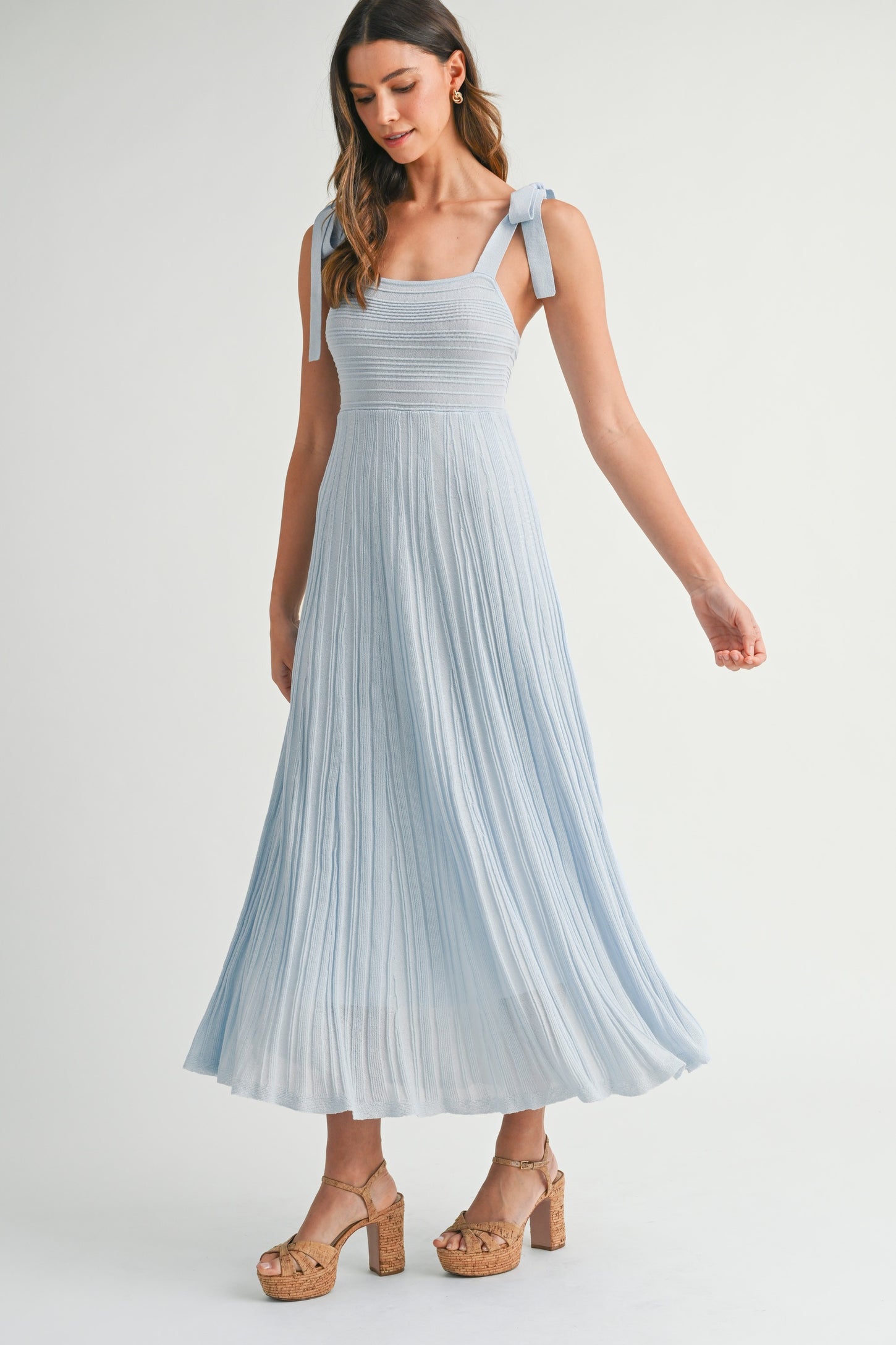 Light Blue Textured Knit Shoulder Tie Midi Dress