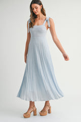 Light Blue Textured Knit Shoulder Tie Midi Dress