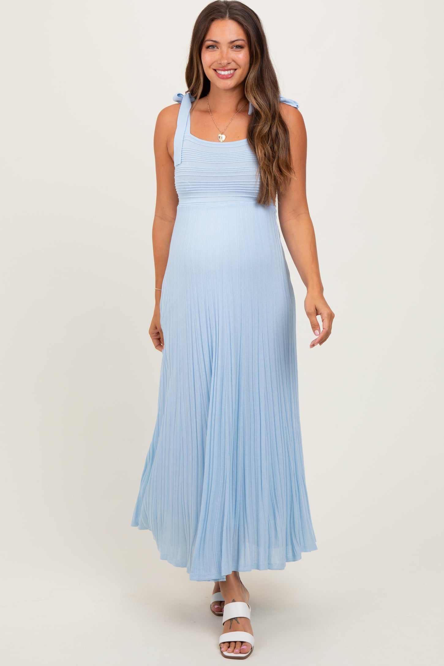 Light Blue Textured Knit Shoulder Tie Maternity Midi Dress