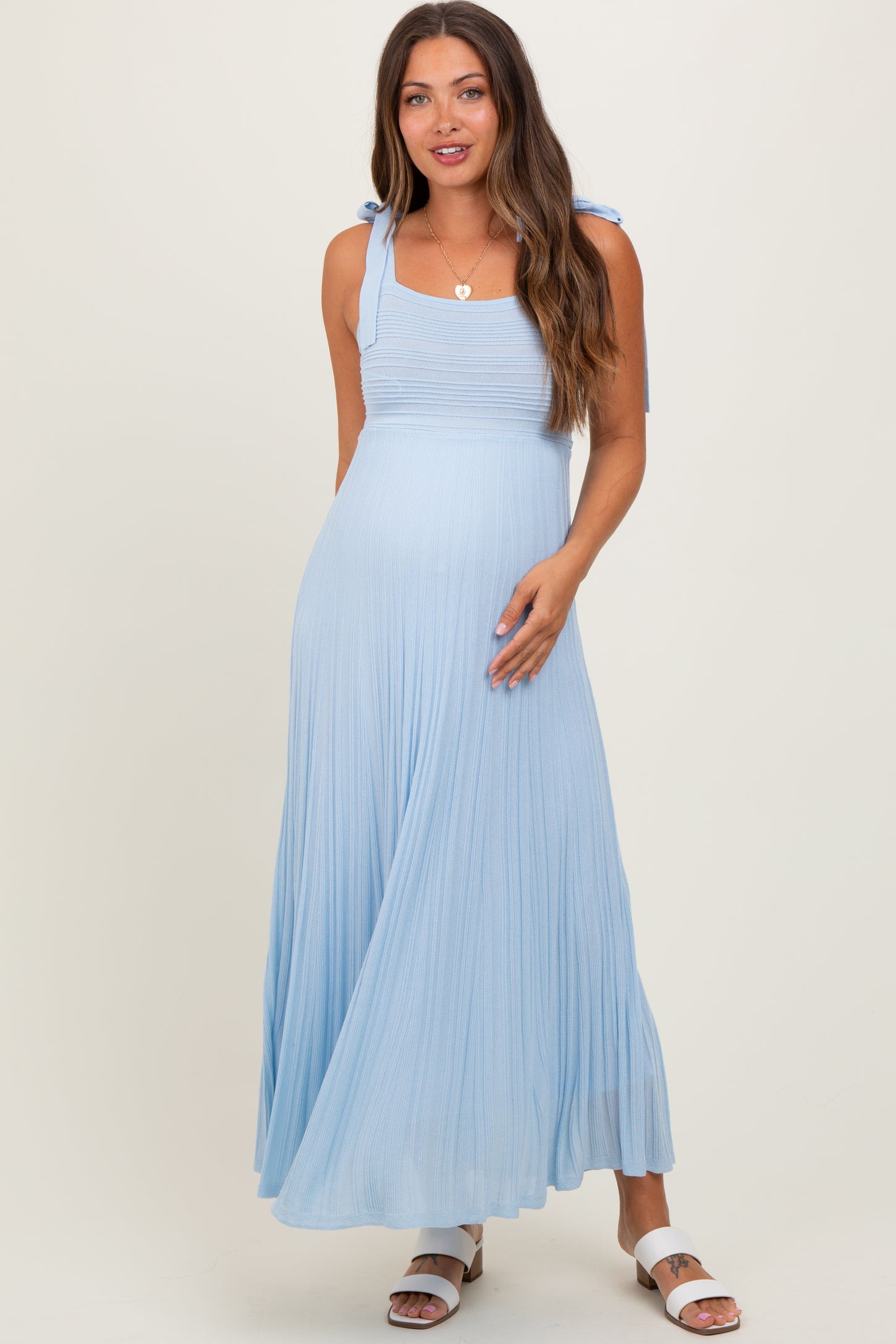 Light Blue Textured Knit Shoulder Tie Maternity Midi Dress
