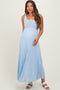 Light Blue Textured Knit Shoulder Tie Maternity Midi Dress