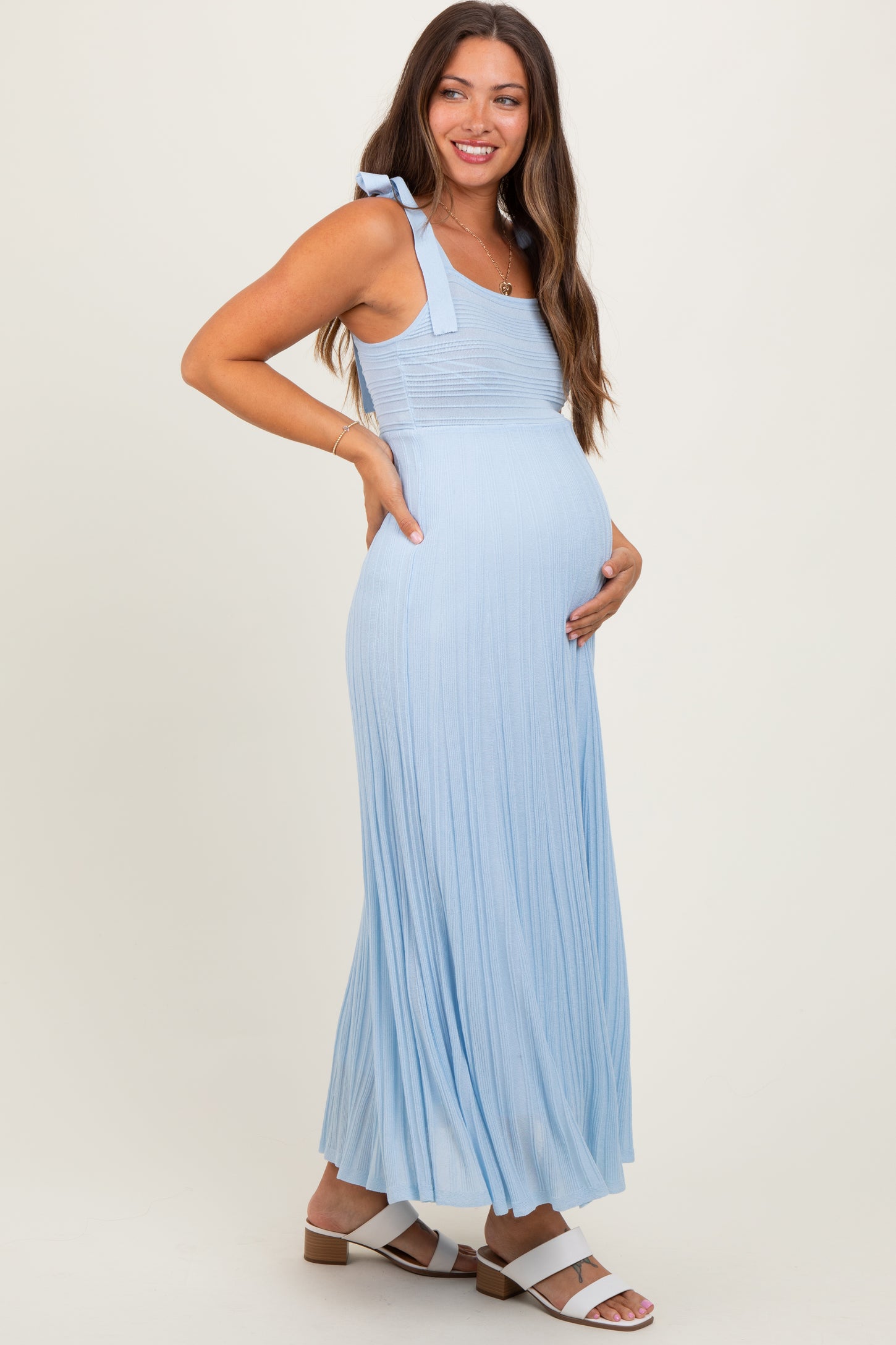 Light Blue Textured Knit Shoulder Tie Maternity Midi Dress
