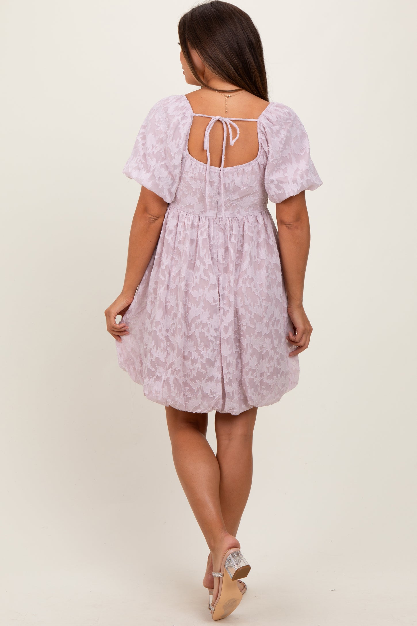 Lavender Chiffon Jacquard Print Square Neck Maternity Bubble Dress